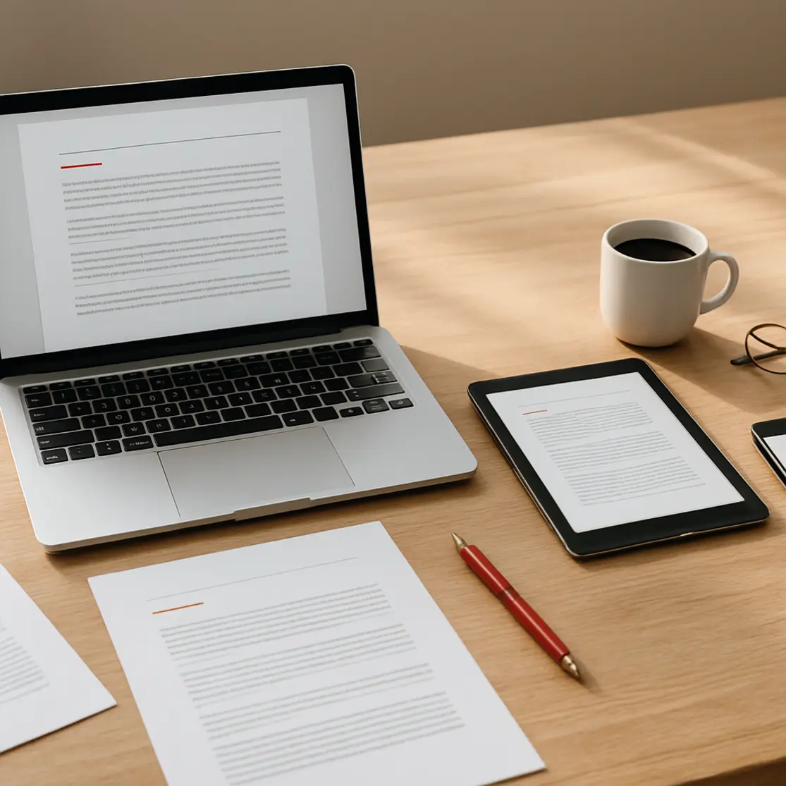 Workspace aberto com notebook, tablet e smartphone exibindo visualizações genéricas de documentos e acessórios sobre mesa de madeira clara
