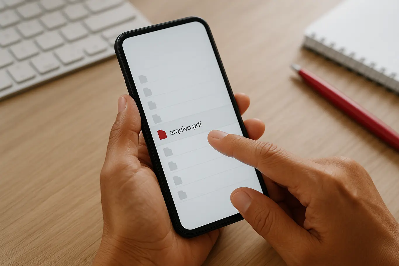 Close-up de mãos tocando smartphone com lista de arquivos e item PDF destacado