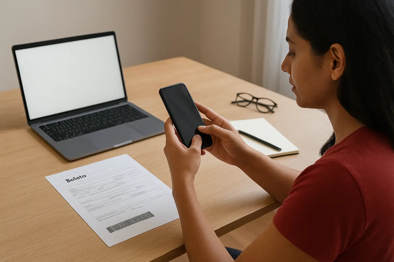Workspace aberto com celular, boleto impresso e mãos alcançando o aparelho, visão ampla