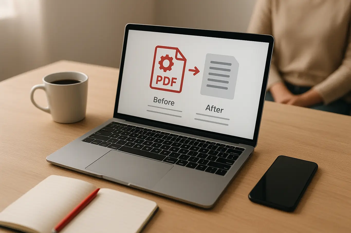 Workspace aberto com notebook e smartphone mostrando redução de tamanho de PDF, xícara de café e bloco de notas