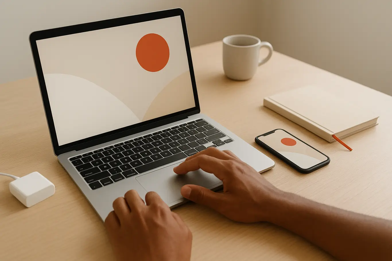 Mesa de trabalho minimalista com laptop, smartphone e mãos digitando, mostrando miniatura de imagem salva