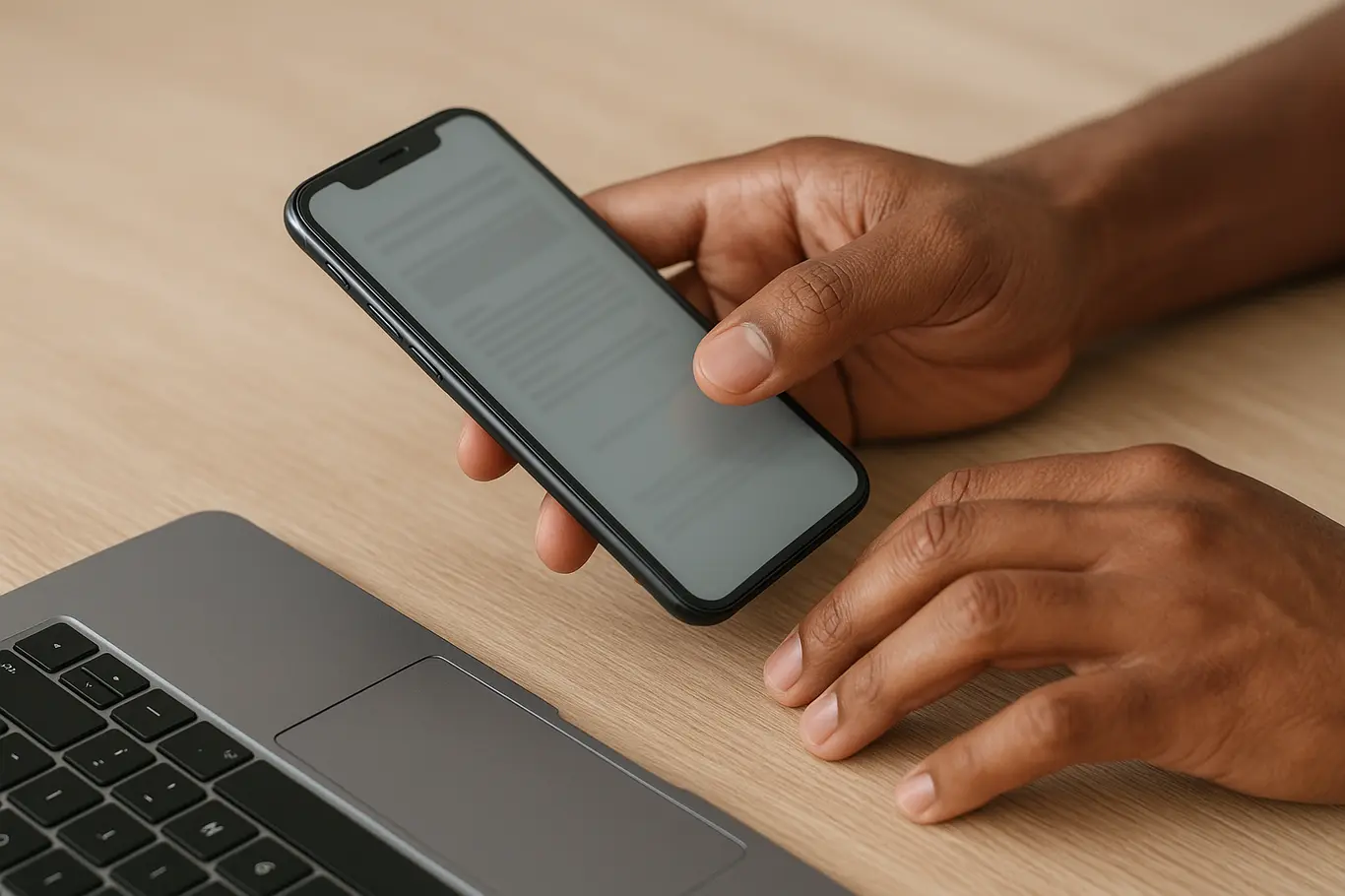 Close-up das mãos interagindo com smartphone e teclado mostrando PDF desfocado