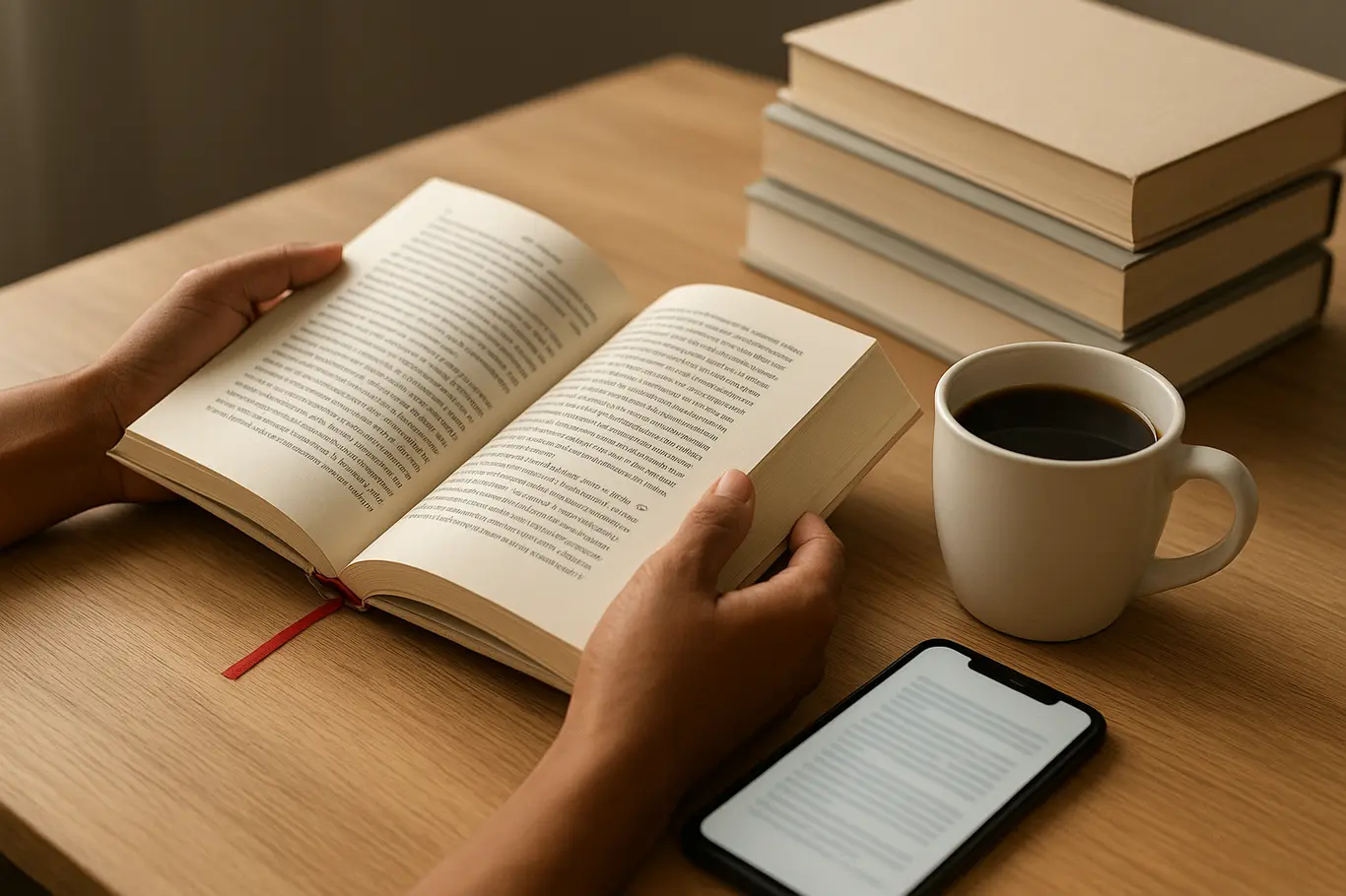 Mãos virando página de livro sobre mesa com caneca e smartphone desfocado