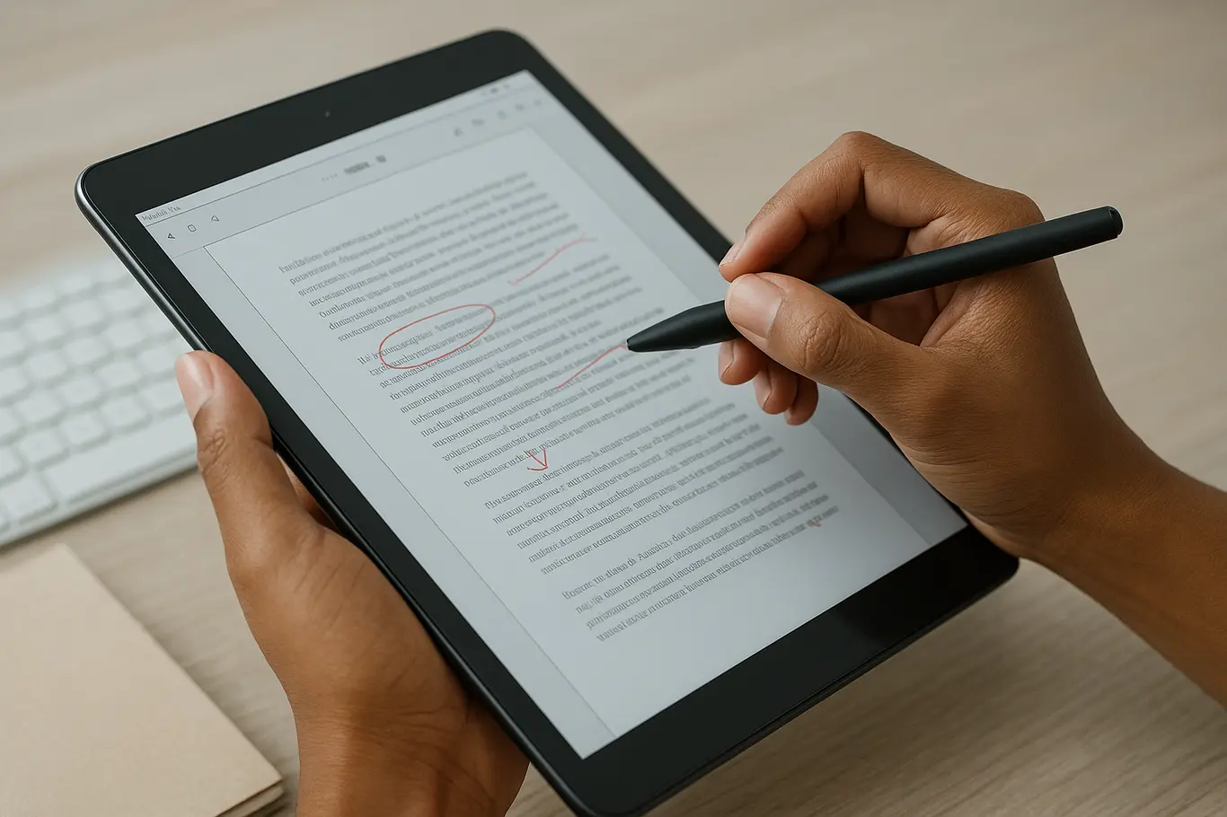Close-up de mãos editando um PDF em tablet com marcações em vermelho, fundo de escritório desfocado