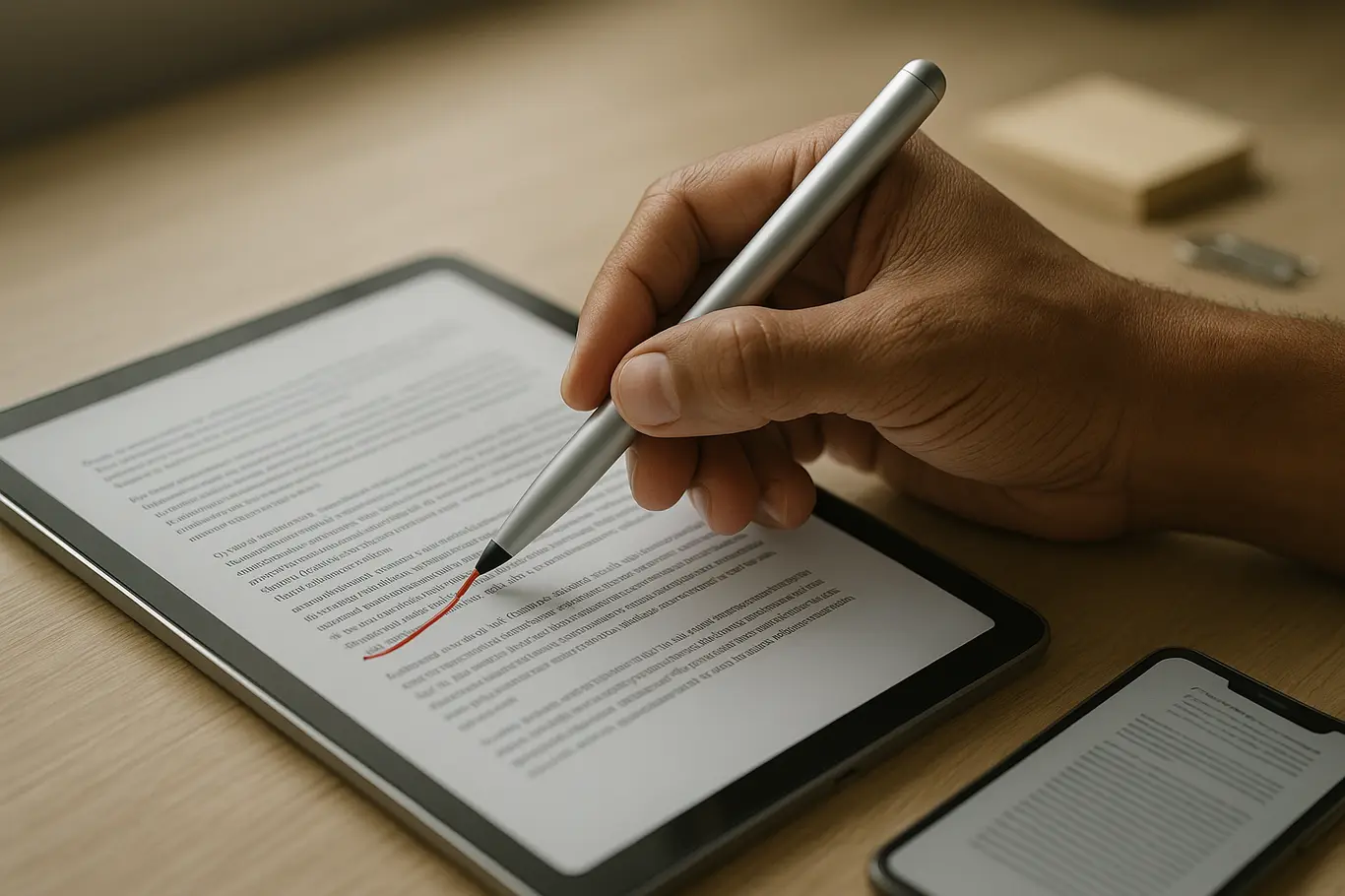 Close-up das mãos usando stylus para escrever em PDF em tablet, anotação vermelha visível