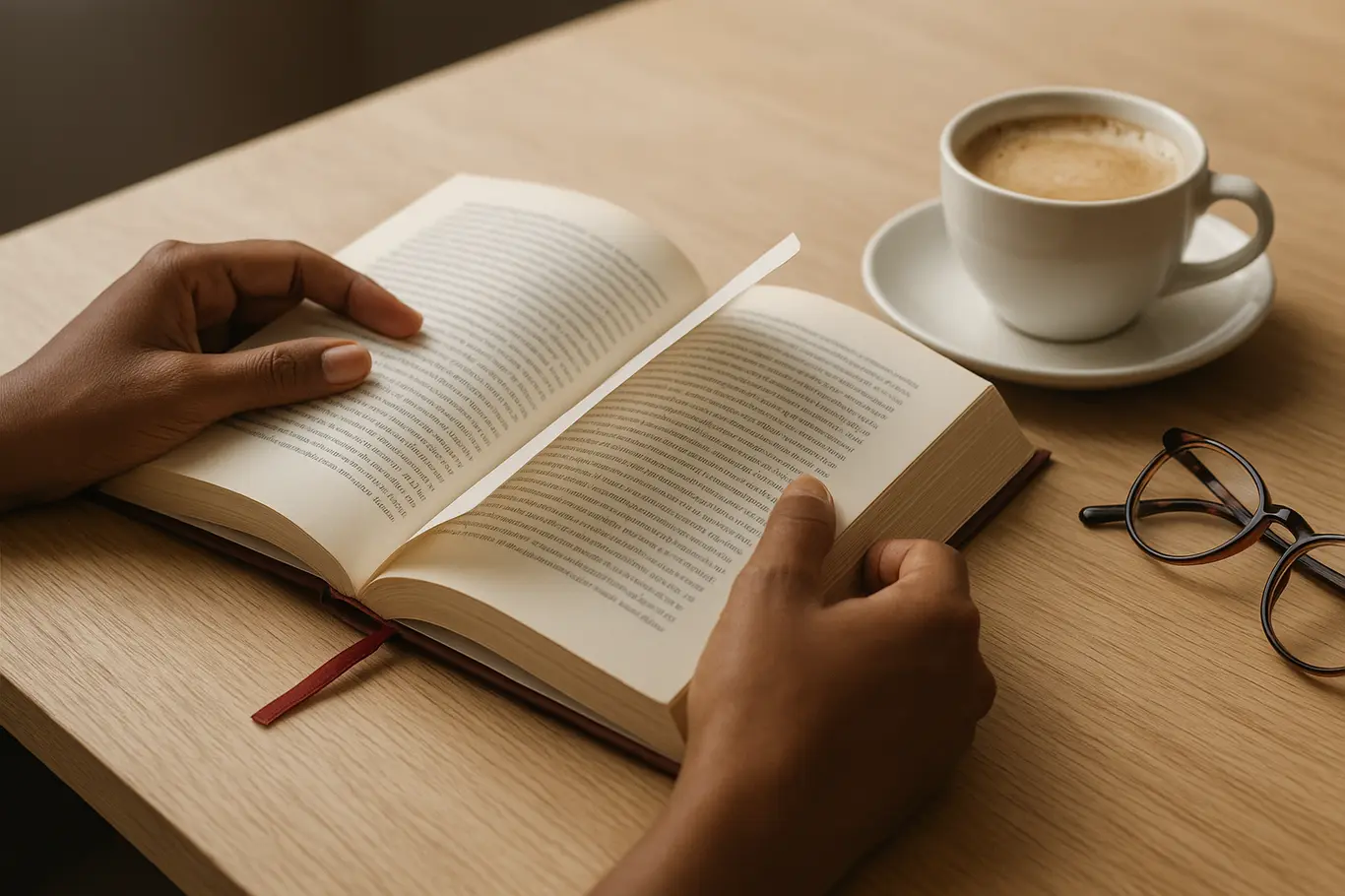 Livro aberto em mesa com mãos virando página, xícara de café e óculos