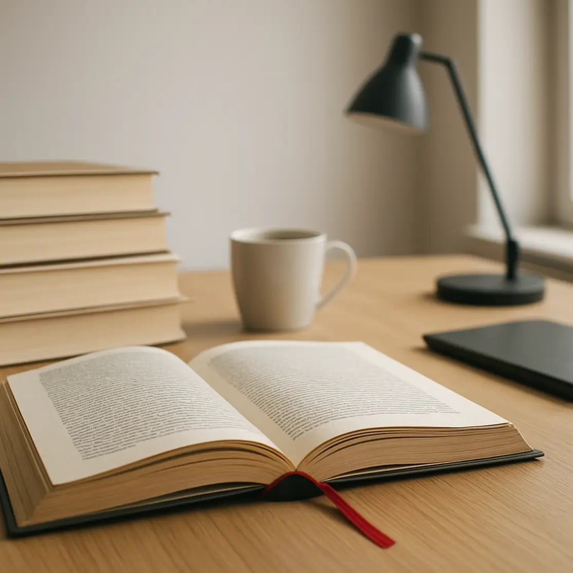 Canto de leitura com pilha de livros, marcador vermelho e caneca de café ao fundo