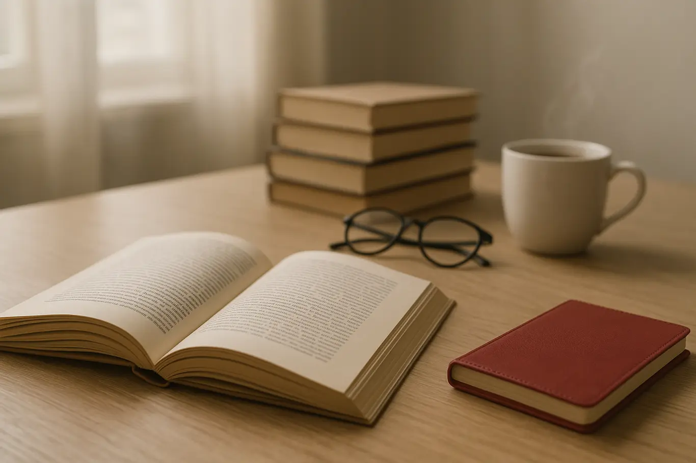 Livro aberto sobre mesa com óculos e xícara de café