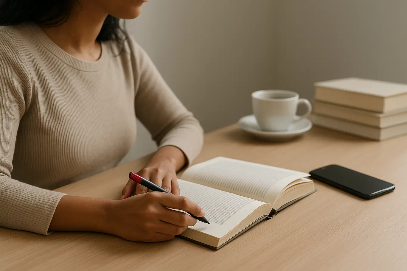 Pessoa consultando livro aberto sobre mesa clara, caneta na mão e marcador vermelho visível.