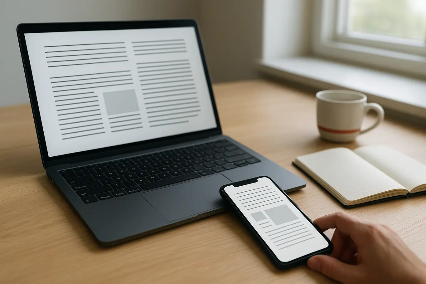 Workspace com notebook e smartphone mostrando documentos genéricos estilo PDF sobre mesa de madeira clara